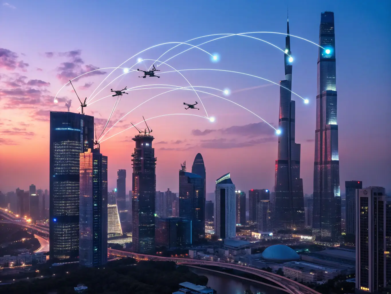 A futuristic cityscape with interconnected nodes representing AI networks, symbolizing the integration of artificial intelligence in various business processes.